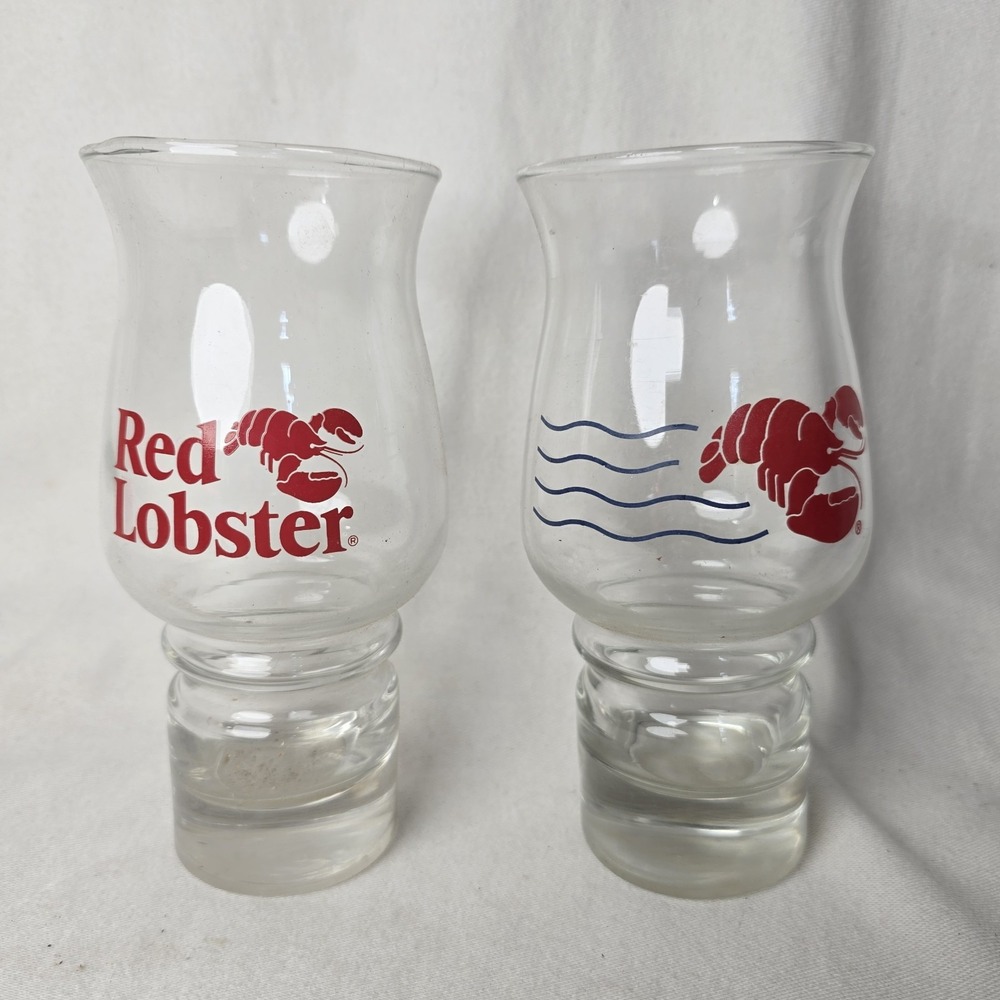Set of 2 Red Lobster‎ Hurricane Glasses Red Logo 1980's